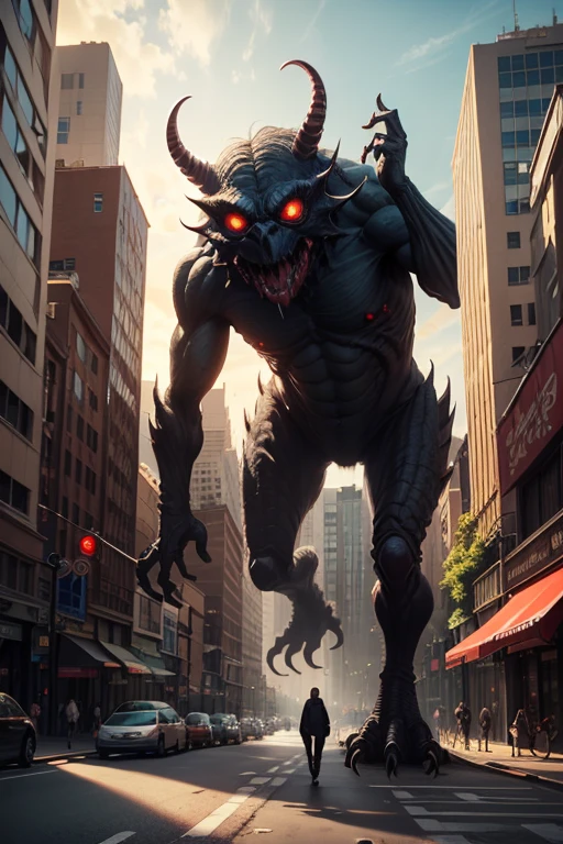Ultra realistic, 4K, giant demon coming out of a portal, destroying a city