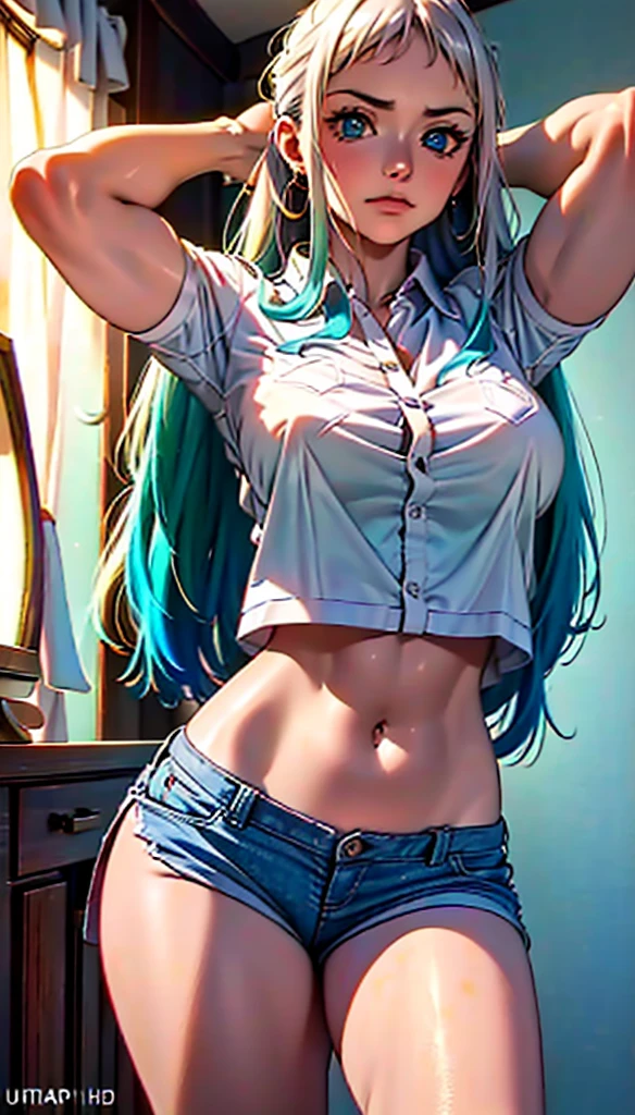 in daytime office, 1girl, (gyaru), silver pony tail hair, normal face, white tanktop shirt, (large breasts), navel, shorts,