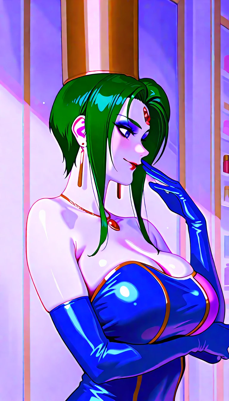 a highly detailed portrait of a beautiful girl with an exaggerated anime-style appearance, wearing a green strapless mini dress, pearl necklace, and high heels, with a large afro-style hairstyle, looking directly at the viewer, photorealistic, 8k, hyperdetailed, intricate details, vivid colors, dramatic lighting