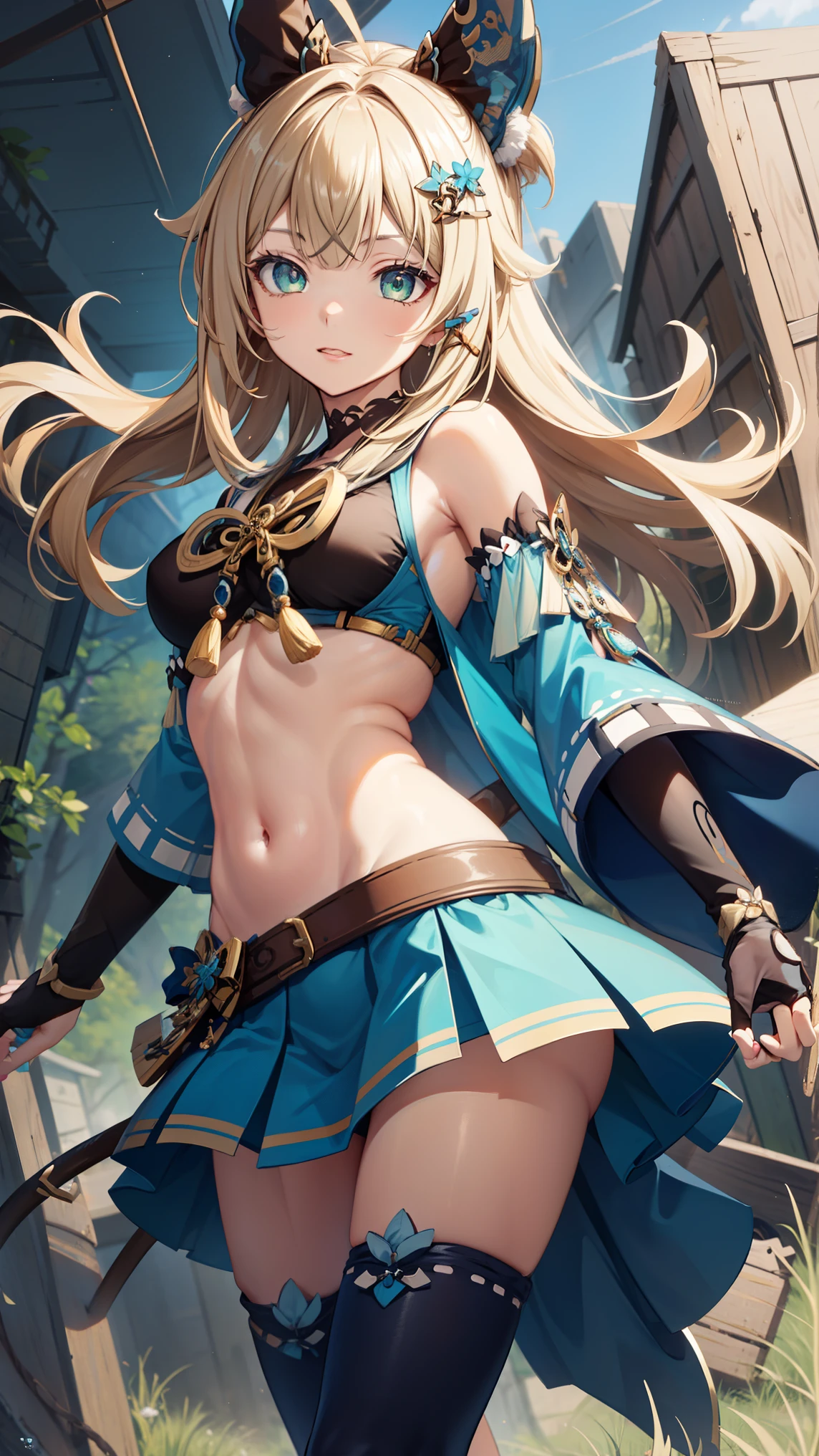 young boy, longue blonde hair, elf ears, turquoise eyes, Yellow in the upper right corner, short, Transparent, open belly, fishnet tights, Masterpiece, hiquality