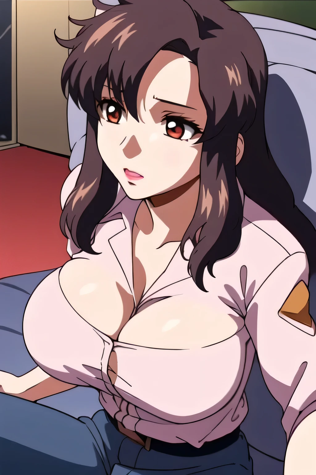 (night:1.7),Space Battleship, Sit on White_armchairs, army, ((Completely naked)),pubic hair, Mature Woman, Anime cel style, Highest quality, High resolution, One girl, (Huge breasts:1.2), Beautiful Face, Beautiful fingers, Beautiful long legs, Beautiful body, Beautiful Nose,Beautiful character design, bangs, Brown Hair, Long Hair, Red eyes, lipstick, compensate, shame, View your viewers