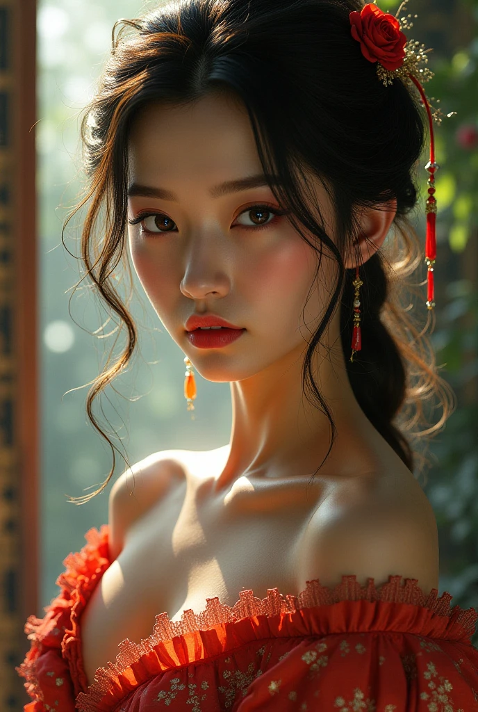 hyper realistic, (masterpiece:1.3), (absurdres:1.3), (best quality:1.3), (8K), ((perfect face)), detailed hands, detailed eyes, (vivid colors), (intricate details:1.3), vibrant colors, (ultra-detailed:1.3), ((dynamic lighting)), BREAK (1girl), young woman, caucassian, (huge breasts), brunette, short hair, Slender body, BREAK Outdoors, Chinese Palace in The background, random pose, daylight, (smile), looking at viewer, cleavage, hanfu, wrenchmandarincharm, upper body, close up, tangdynastyhanfu