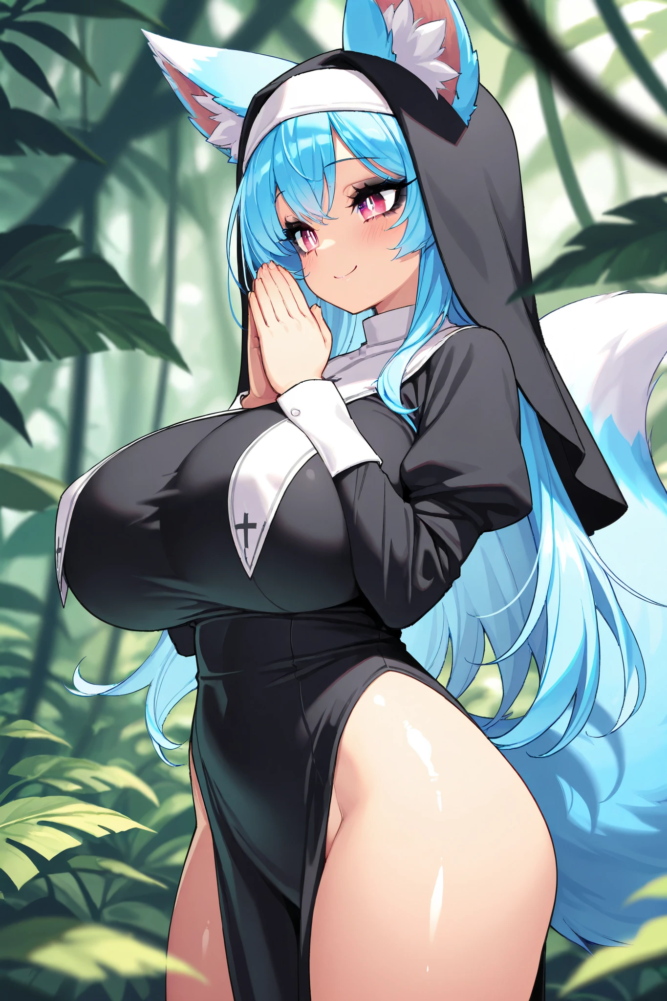 1girl, tall girl, long hair, white hair, black stockings, NSFW, uncensored, high quality, hd, black blindfold, no bra, looking at sky, night, rain, small boobs, white apron, kitchen, BDSM