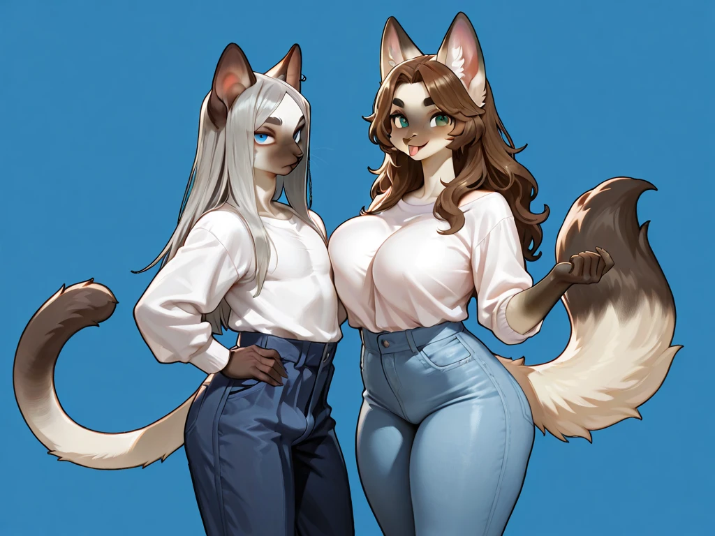 2 females, fox and wolf, furry, beastman, Animal hair, tail, first round, topless, jeans, long pants, gloves, boots, Smoke a cigarette