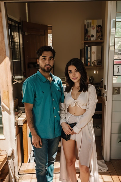 A 20-year-old Latino boy with beardless black hair wearing a denim jacket and a plus-size white woman wearing a red shirt in a large room
