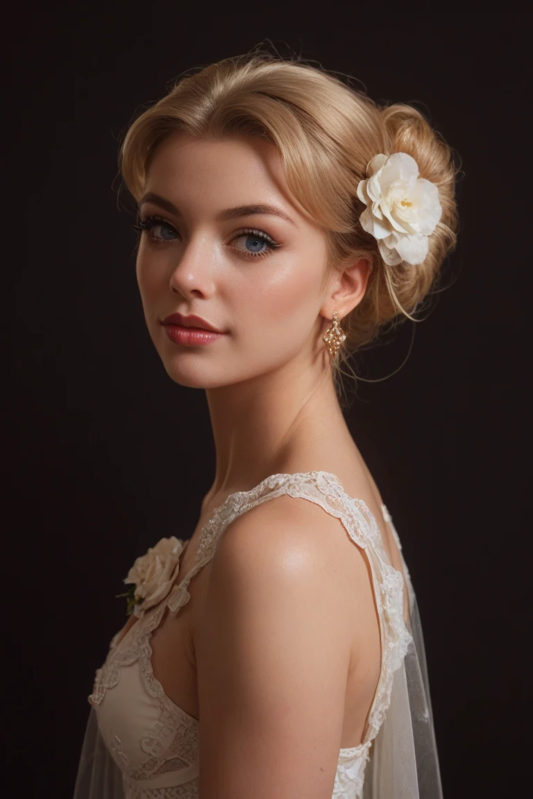 ((best quality)), ((ultra res)), ((photorealistic)), (intricate details), 19 years old, blonde hair, perfect face, make up:1.5, face detail, short hair, slim body, full body view