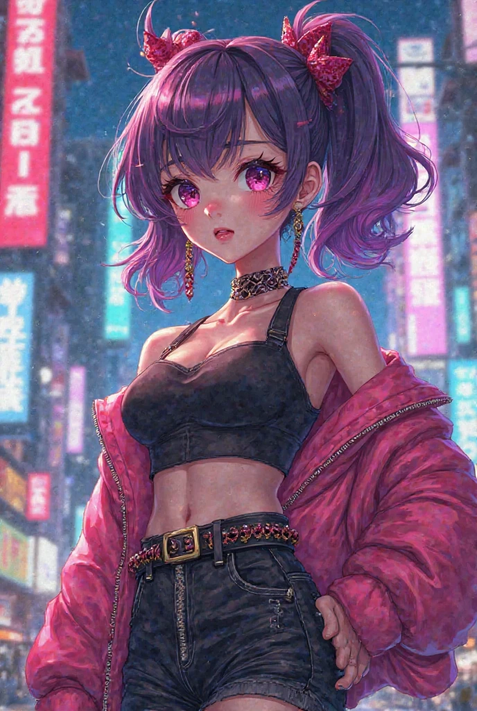 a close up of a woman with colorful hair and a necklace, anime girl with cosmic hair, rossdraws pastel vibrant, artwork in the style of guweiz, fantasy art style, colorful]”, vibrant fantasy style, rossdraws cartoon vibrant, cosmic and colorful, guweiz, colorfull digital fantasy art, stunning art style, beautiful anime style, exhibitionism,  navel, , public indecency, looking at viewer, 1girl, collarbone, flashing, , naked coat, outdoors, open coat, thighhighs, public nudity, open mouth, coat, short hair, medium breasts, black thighhighs, open clothes, black hair, solo, smile, , blush, sanpaku,