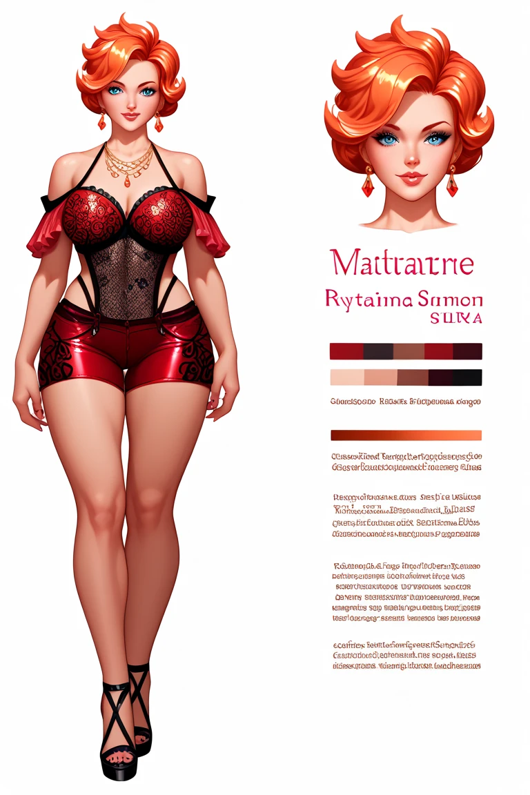 (masterpiece), (high quality), crazy details, Character Design Sheet , beautiful young chubby woman, overweight, irish redhead, long wavy ginger hair, topless, big breast, curvy body, character reference sheet, character turn around different poses and expressions