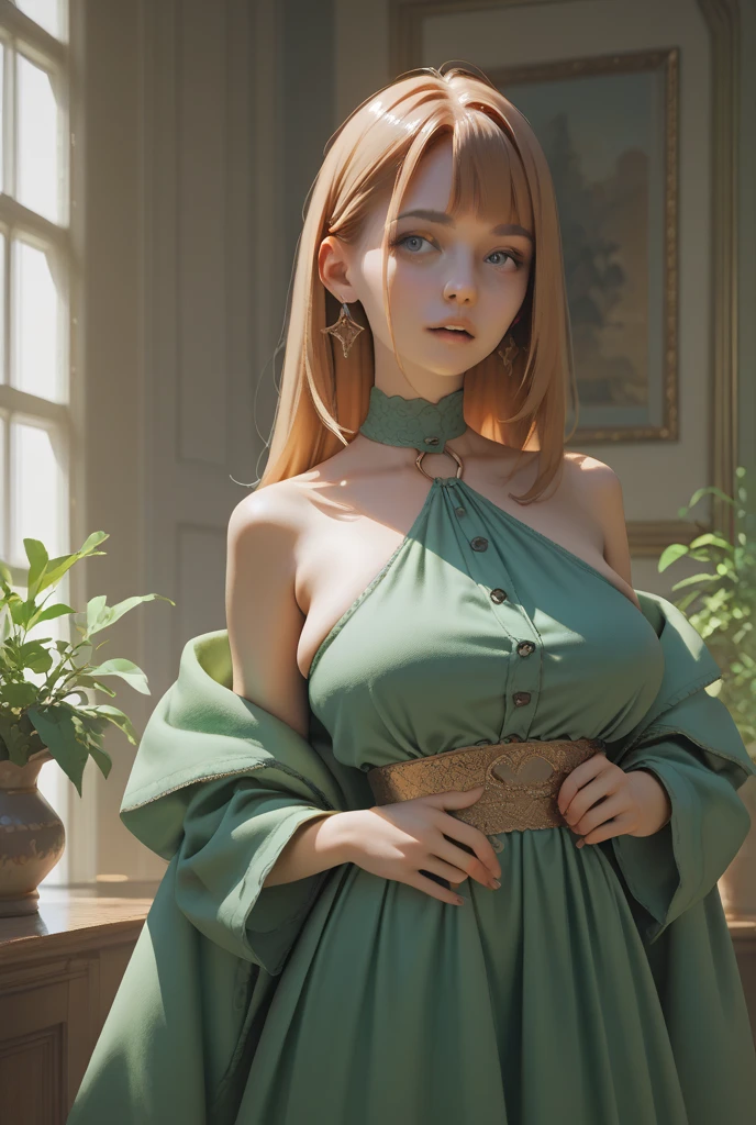 8K, Top Quality, Intricate Details, Ultra Detail, Ultra High Resolution, Masterpiece, close up shot, (full body: 1.1), Slender, Smile, (Makeup: 0.4), (Fluffy purple Eyes: 1.21), (()), 1girl, solo, 1 girl, ((green hair, bangs, high ponytail)), close up shot, , ((tall)), (((fit body))), (((slim face))), sharp face, (())  ,(detailed face), sharp face, small lips, , 
 ((,long dress )), , ((,)),detailed face, detailed breast, , ((large breast, huge breast )), , Narrow Waist, Skinny, tall , 175 cm tall,  Muscular, Navel, Exposed Abdomen, Pointed Chest,, Beautiful girl with accentuated slender abs: 1.4, Six Pack Abs: 1.4, Bust Botox, Big, Perfect Body, detail leg, (( dark background)), black background,