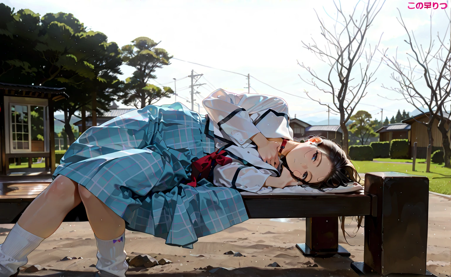 Black-haired anime girl with eyes closed in classroom lying on the ground with blood stains