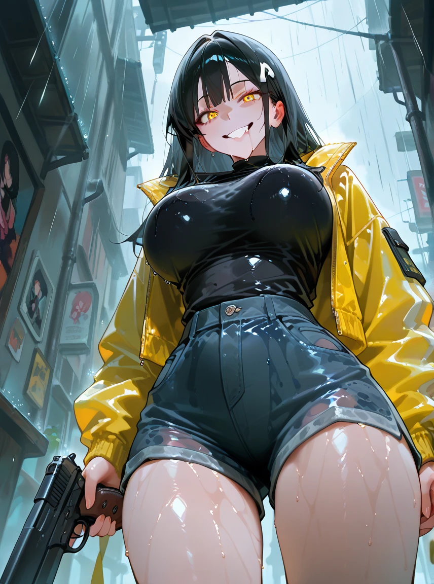 best quality, masterpiece, 1 girl, (licking, drooling:1.3), (short low twintails hair with bangs:1.3), black and gold colored bikini with jacket, (medium breast, underboobs:1.1), (retrofuturistic city, residential area:1.2)