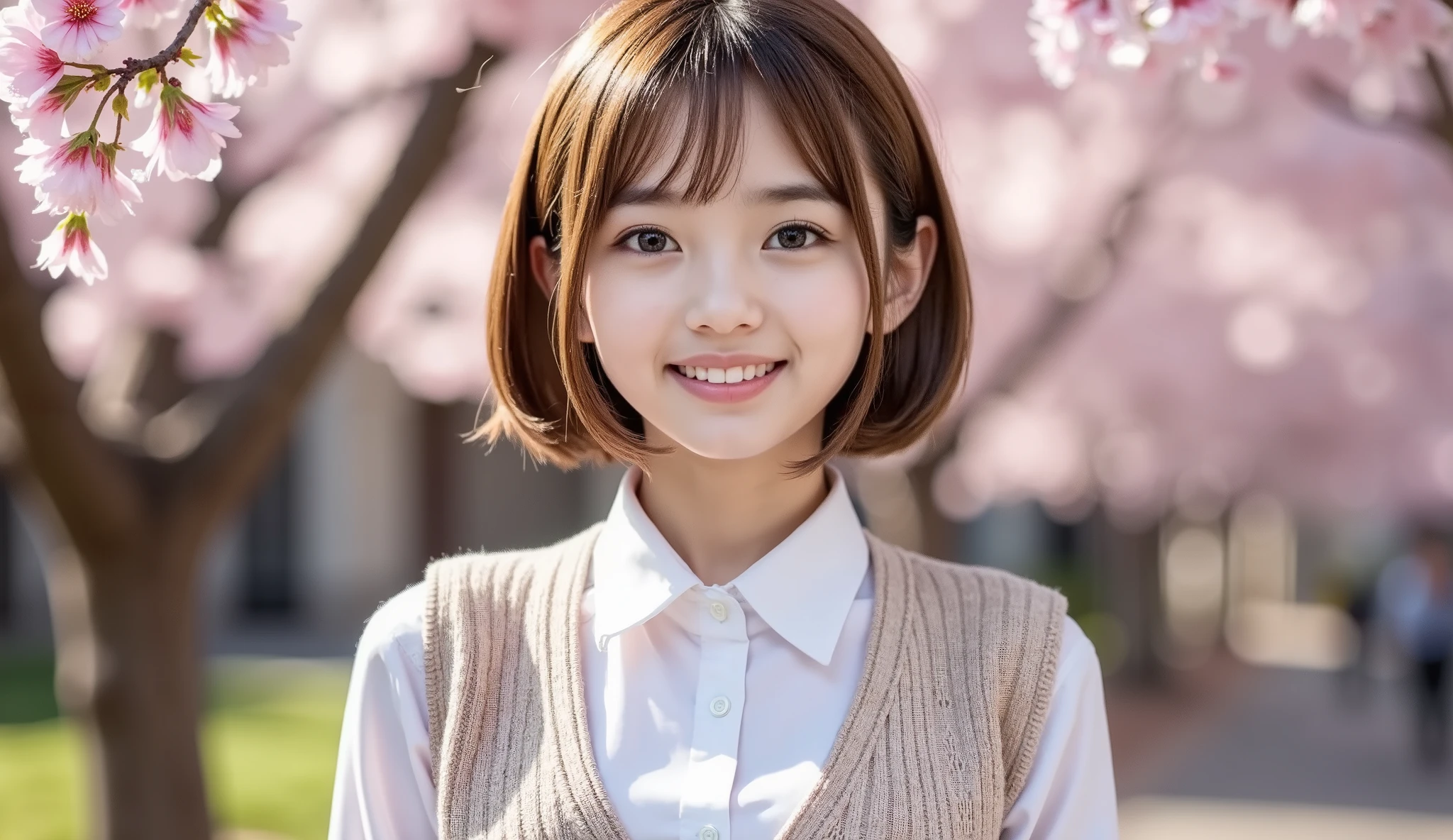 15 years old、clear、female、smile、beautiful face、short hair、bob cut、school uniform、 knitted vest、 Cherry Blossom Tree Background 、 clear