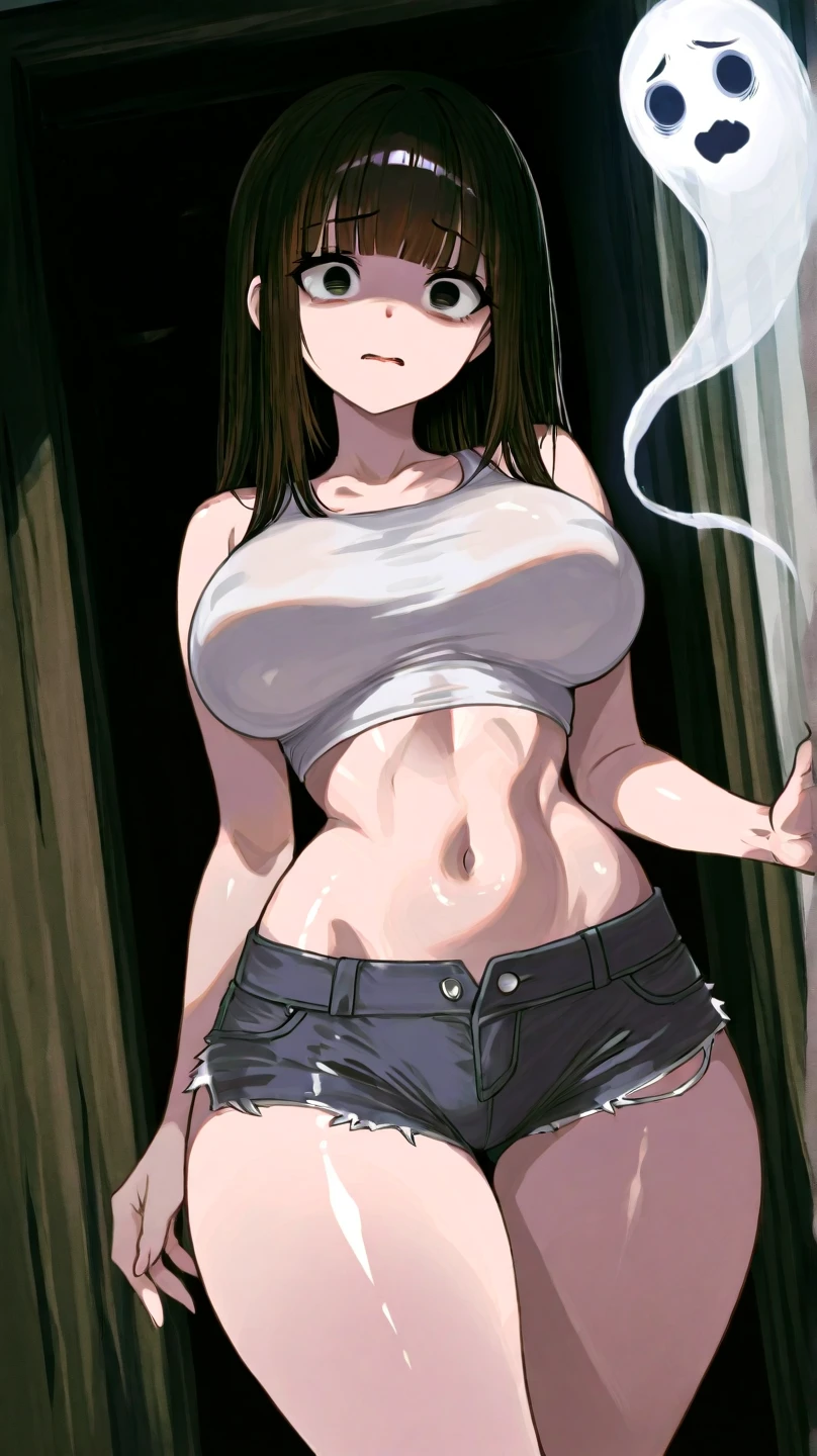 Inoue, A hot woman, Make-up natural, long hair (Legs long, perfectbody, braless, armpit), (wearing transparent gray shirt torn open), (mini tight cotton short panties ), daylight in modern interior hall , graffiti wall background, bright light ambient atmosphere , Depth of field, dynamic angle, Candid, full body waist up pose , upper knees pose , Front view to the camera , moist, neckleace