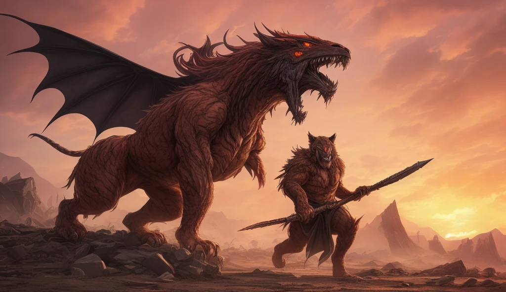 Soldier with helmet, from behind, Fighting with big bloody dog monster that looks horrifying, postapokalyptic world