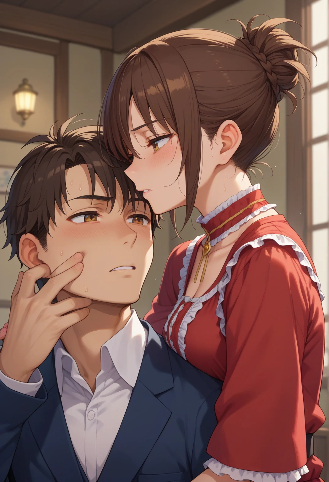 Brown haired milf princess, hugging a 17 year old gentleman dressed to the nines.