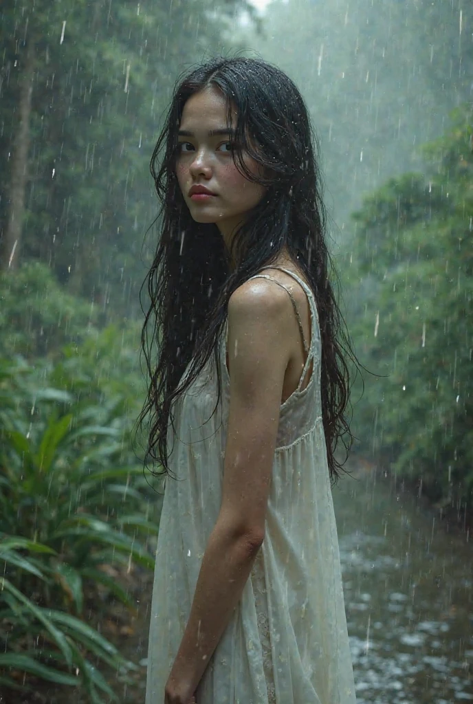 Best Image Quality, masterpiece, Ultra high resolution, (loyalty :1.4), Skinny Japanese woman, 1 girl, detailed face, detailed eyes, correct human body structure, dim, Dark, Tears, Tearsdrop, (White shirt), (wet soaked clothes:1.4), bare shoulders, wet hair, torrential rain, in the forest,