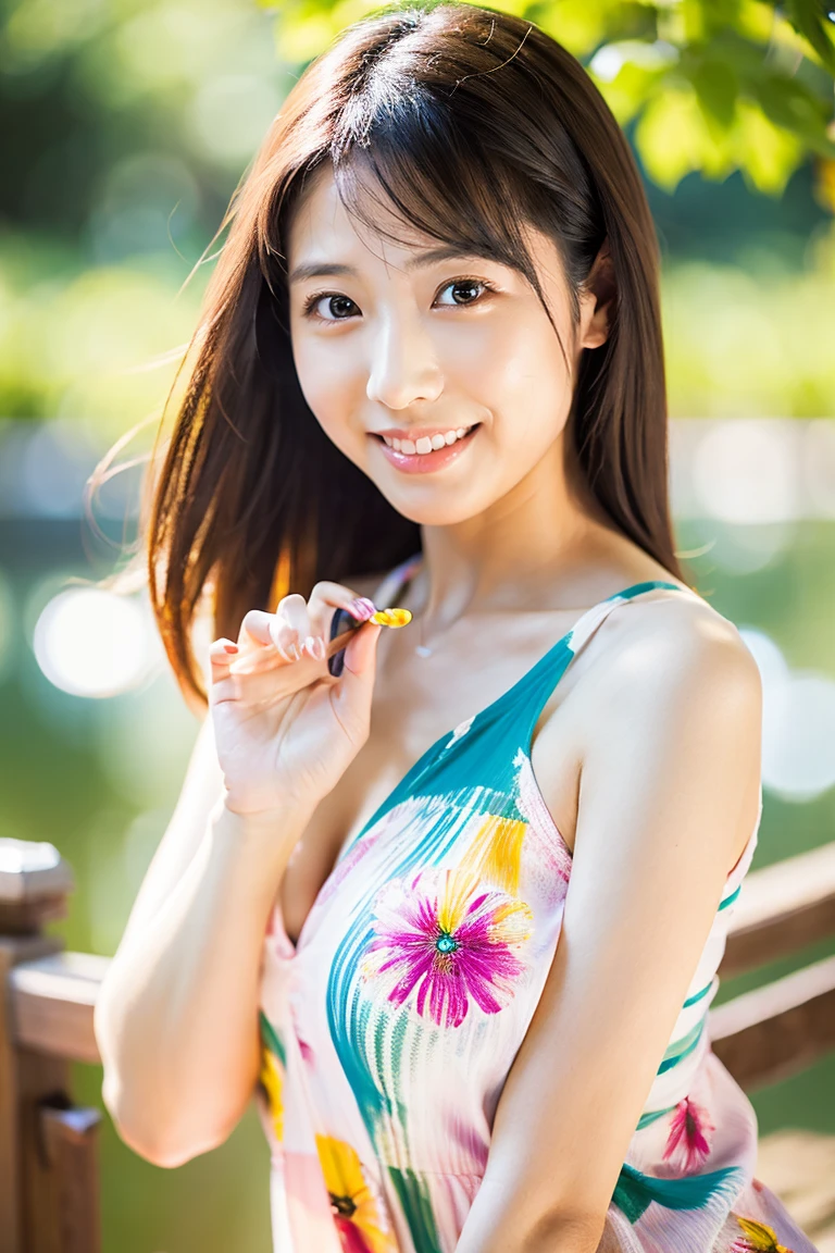 (((Only one girl、Japanese、Skinny athletic model、Flat Chest)))、50 years old、((( Styled with a bright floral print dress。The dress is knee-length、It combines ease of movement with femininity.。)))、The best smile、 just out of the bath、A scene where she is enjoying a picnic in the park。A dress fluttering in the wind、Create a relaxed atmosphere。