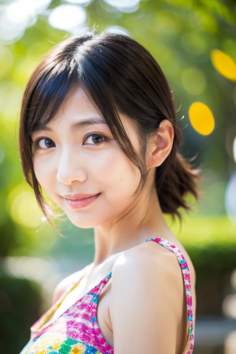 A very cute face like an idol、A young-looking 20-year-old woman、A kind smile、Wearing a Japan yukata、Cleavage