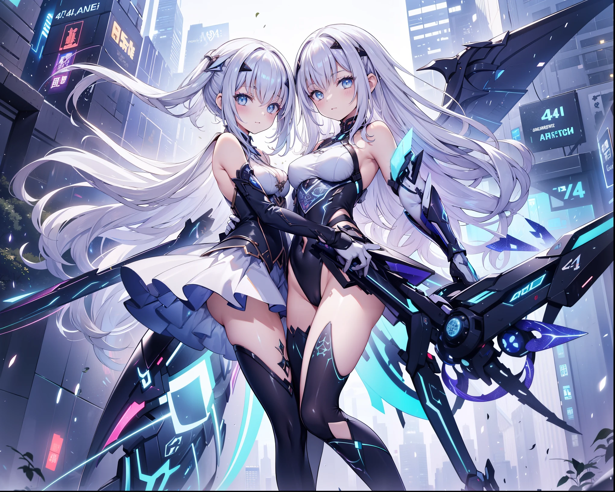 ( Highest quality,4K, 8,000, high resolution, masterpiece :1.2), very good , girl ,Holy,( long silver white hair ), blue eyes ,obsessed, Elegant posture ,玩得 happy ,in love, cute cloth , Detailed clothes ,pattern,Swimsuit, happy , Sci-fi city , alone , Small amount of armor ,confrontation,rain, sci-fi combat costume ,Fight against the mechanical Black Dragon