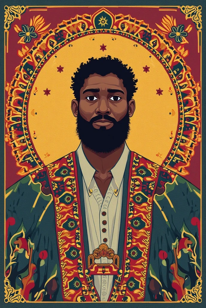 Create an image of a black ninja after an apocalypse in the future, afro cabelo caindo para frente, Rasta type but braided, corpo inteiro, vestindo um traje indiano ribulo africano corpo inteiro, A realistic 4K phoenix with blue feathers, dourado, cosmico , com uma Moreno, de cabelo afro cabelo caindo para frente, Rasta type but braided, Estilo Art Vista de Corpo Inteiro, plano completo, vista frontal, Vista lateral, vista traseira, de personagem, Multiple views and poses, various points of view, um personagem, corpo inteiro, personagem com menos, estilo de roupa, no mesmo Estilo de cabelo, less Type of footwear, strong full-body vision, plano completo, vista frontal, vista traseira, design de personagem, Multiple views and poses, various points of view, de um personagem, corpo inteiro,, personagem com mesmo, estilo de roupa, no mesmo Estilo de cabelo, same type of footwearThe route follows the cores of the Cape Verde flag. The top is deep blue, simbolizando o oceano que cerca as ilhas. The chest and the central part are white, representando a paz e a unidade do povo cabo-verdiano. The sleeves and legs are red, denoting determination and spirit, do 10 Estrelas Douradas, : Ten gold stars are prominently displayed at the top of the costume, ao longo do peito e ombros, representando as 10 principais ilhas de Cabo Verde. Cada estrela, It is carefully detailed and shines brightly against the background Star Belt A wide belt, also golden, is used in Tribal Details, O traje incorpora elementos tribais discretos em seu design, referencing the cultural heritage of Cape Verde
