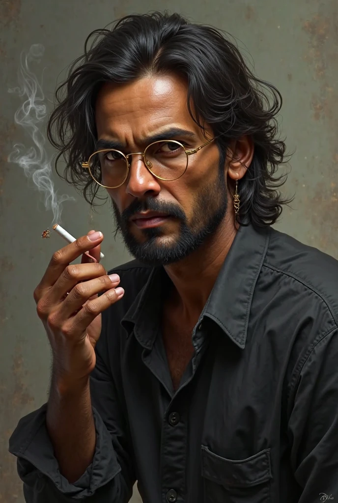 Man with long curly hair holding a large cigarette with huge green smoke, Image Style, bizarre caricature