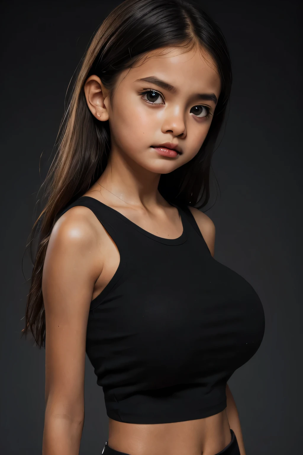 Skinny, green fluorescence Strapless Jumbo (Fatty), adorable, (1 girl), (face to face), , baby face, sad, half body portrait, (face details: 1), (eye details: 1), ((big breasts Solid:1.54)). wearing translucent (transparent) transparency (soft short t-shirt cropped) , hijab, .. Cute posed. proportional body. Ultra High Res. realistic: 1.4, UHD, view from side seductive pose, (Lulu Chu:1.3), (Dark black Lipstick:1.2), (sad face expressions:1.3) LITTLE SMALL GIRLS, LITTLE SMALL GIRLS, LITTLE SMALL GIRLS, (shine dark black tone skin:1.7)