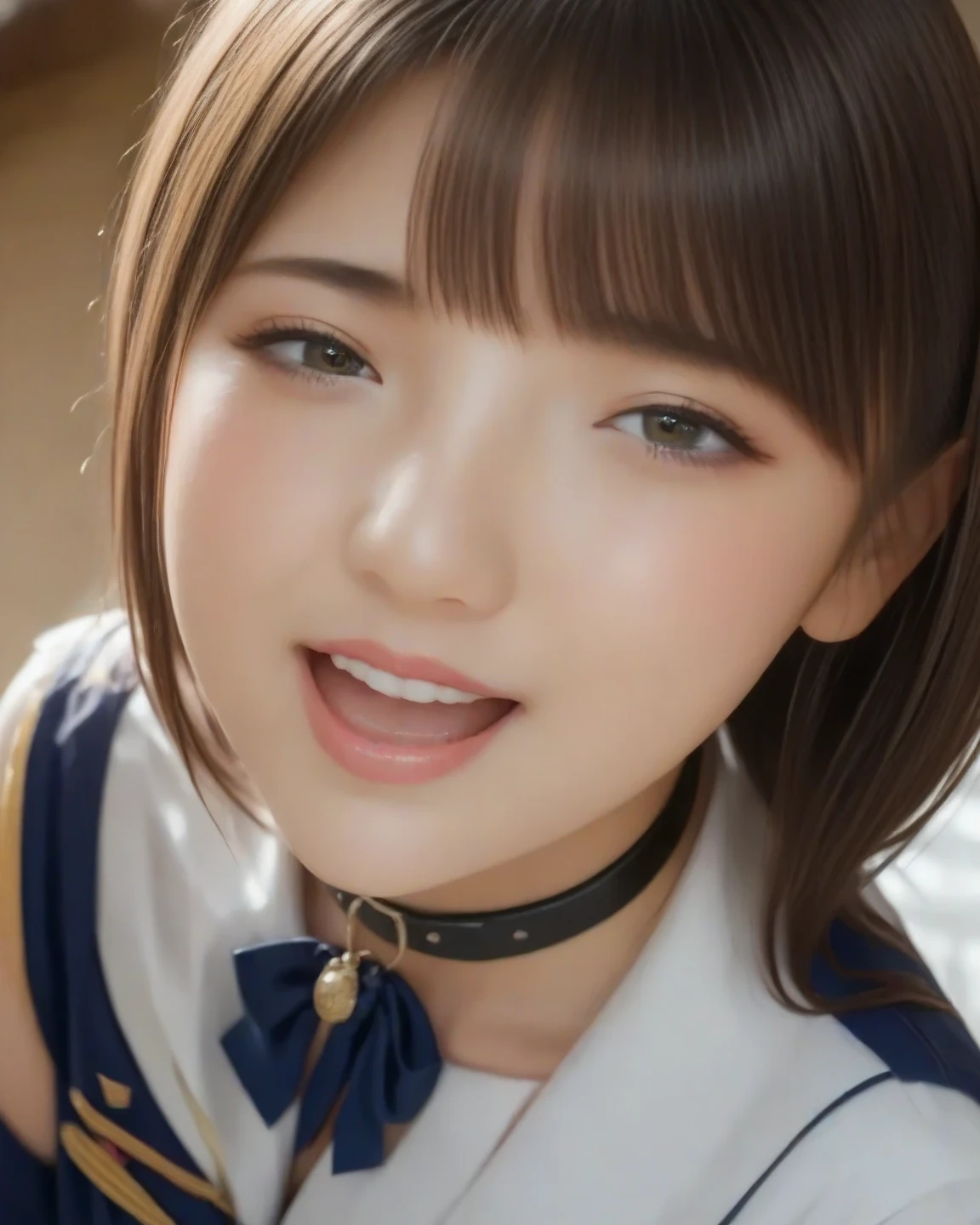 1girl, solo, perfect face, beautiful, shiny skin, 1girl, fellatio, 1boy, penis, nude, sweat, saliva, (shiny skin), black eyes, bangs, mole, realistic, room, blowbang, sucking cock, penisface, clear face, perfect fingers)), nipple, nipples, cute face, beautiful face, licking my dick, girl in summer clothes, Simple Background, pov blowjob, Indoor, bedroom, empty eyes, bokeh, from above, Surrealism, pov, masterpiece, best quality, high quality, 16K, UHD, anatomically correct, high details, accurate