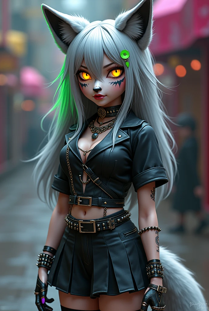 Female idol covered in wolves(Cute Punk Fashion、)、Looks fun、full body Esbian、、bad looking、dark forest