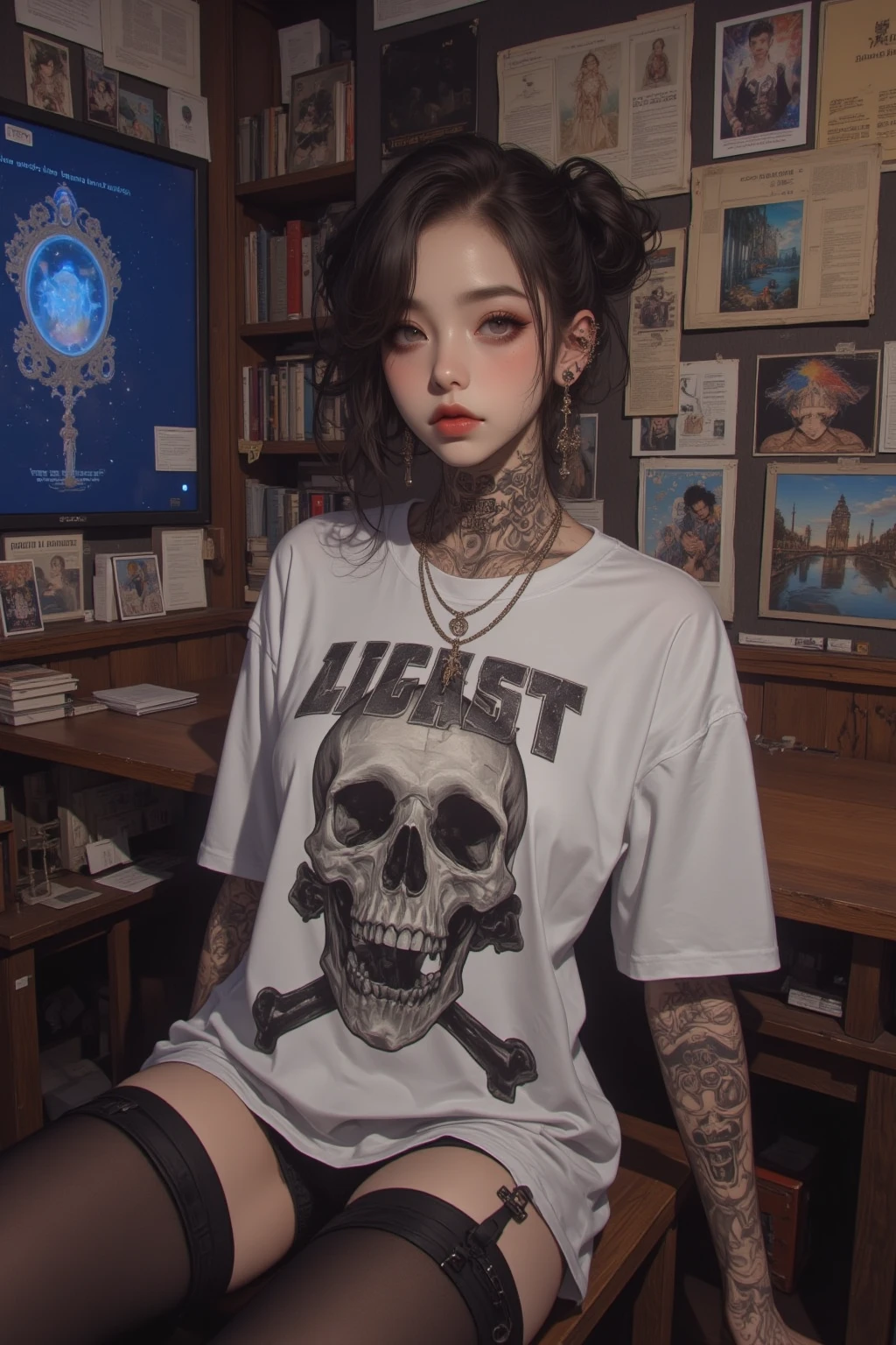 (best quality,4k,8k,highres,masterpiece:1.2), ultra-detailed, (realistic,photorealistic,photo-realistic:1.37), (T-shirt with skeleton on it), studio lighting, physically-based rendering, vivid colors,