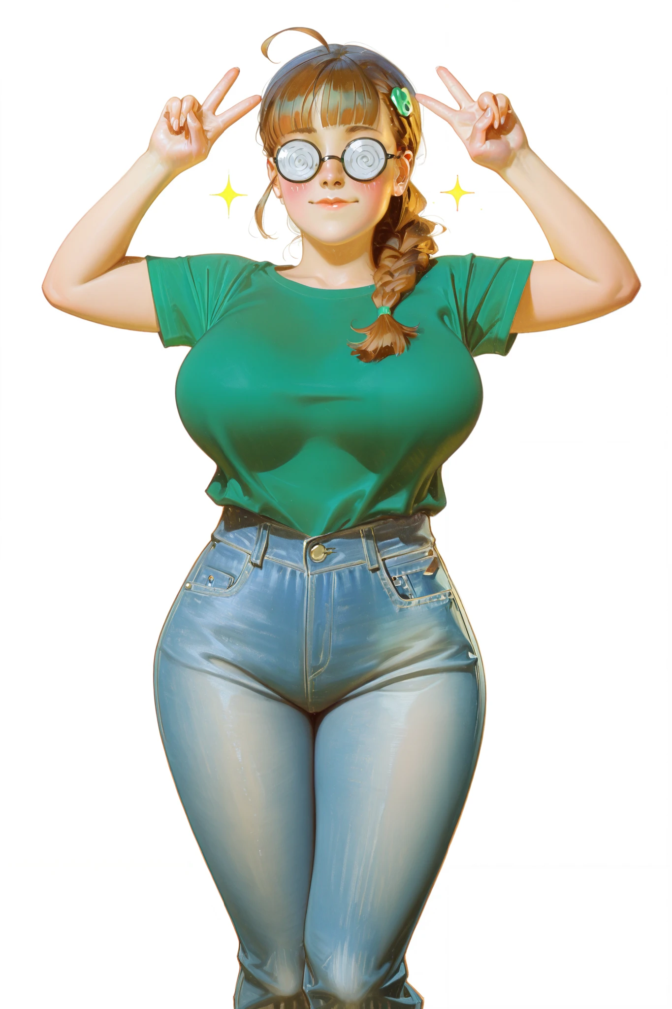 HDR, 8K, high contrast, masterpiece, best quality, amazing quality, very aesthetic, painting artstyle, realistic, newest, hyperdetailed painting, brushstrokes, digital painting, 
BREAK
bounce light, hyperdetailed, detailed hair strands, detailed fibers, aesthetic, 8k wallpaper, detailed, masterpiece, best quality, amazing quality, very aesthetic, absurdres, 8K,masterpiece, great colors, color theory, great lighting, great composition, flawless.  1girl, solo, breasts, blush, green T-shirt, large breasts, brown hair, hair ornament, thick thighs, blue jeans, ahoge, braided hair. Single braid, Blunt bangs. Long side bangs, short sleeves, thighs,  hairclip, green glass rims :>, v pose,  round eyewear, @ @, opaque glasses, coke-bottle glasses. , sparkle, portrait