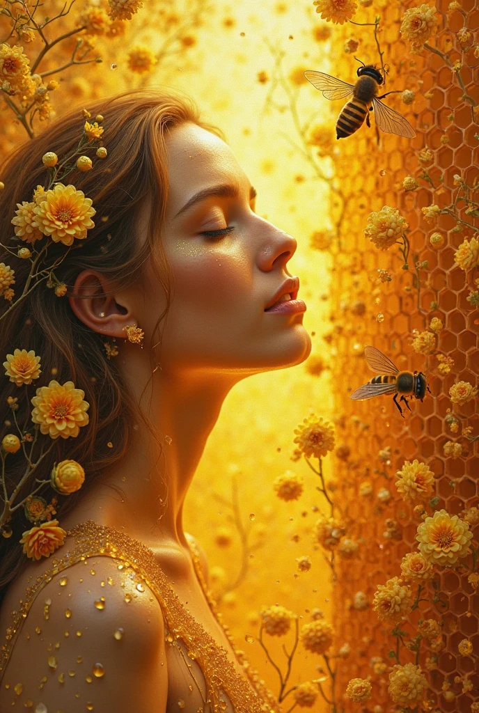 Artistic painting: A girl sleeping under a semi-naked tree. A transparent dress next to her. A basket of strawberries. Above her is a beehive with honey dripping from it, falling on the girl’s face. A bee roaming over her beautiful face, and the rays of the sun are relaxing. The scene is for the viewers.