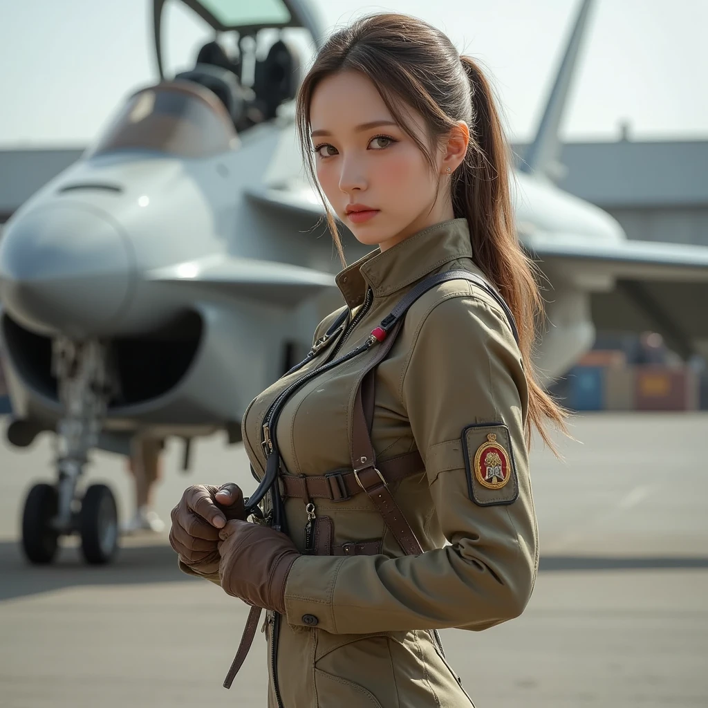 Best quality, ((professional photograph, Realistic RAW photo)), intricate composition, an extremely delicate and beautiful, ultra high res, professional lighting and shading, (Realistic image of a extremely pretty female Aircraft mechanic, solo), Inside a spacious Aircraft hangar, Vintage airplanes of the World War II era line the background, (Wearing a MA-1 Flight Jacket), (Wearing a headset), (wearing short pants), parted lips, very professional mechanic, ((extremely beautiful depiction of the eyes and face)), ((insanely beautiful natural skin texture)), Accurate eyes, Accurate five fingers, Well-balanced overall body