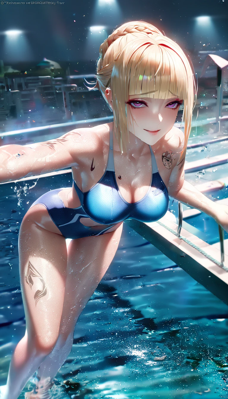 ((highest quality)), ((masterpiece)), (be familiar with), (High definition), 8K, Perfect Face, Two blonde women with cat ears, tall, 2 Blonde cat ears, 2. Long Hair, 2. Volumetric hair style, Large Breasts, Constricted waist, Big Ass, glamorous, Alluring, Optical camouflage transparent micro bikini swimsuit, (Futuristic night pool), Glowing neon sign, ((Two people swimming in the pool)), Cinematic, Best Shadow, Side lighting, NEO TOKYO, (Bust Shot:1.1)