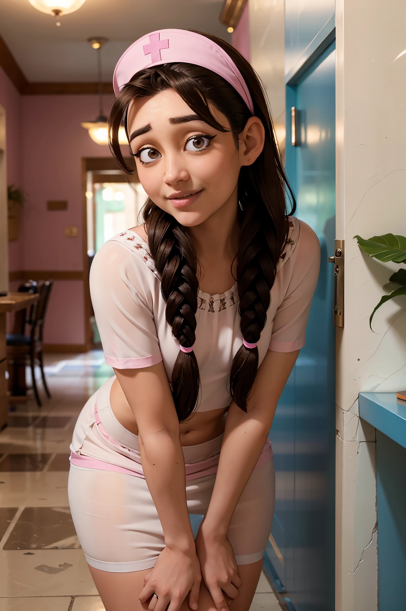 An impressive and intricate full color portrait, Ultra-HD a girl, brown hair with 2 braids, brown eyes, pink headband, detailed face, (dressed in a white nurse uniform), no logos, epic character composition, alessio albi, nina masic, sharp focus, natural lighting, subsurface dispersion, f2, 35mm, hospital, ((nurse)), curvy, happy smile, white stockings, indoor, thermometer