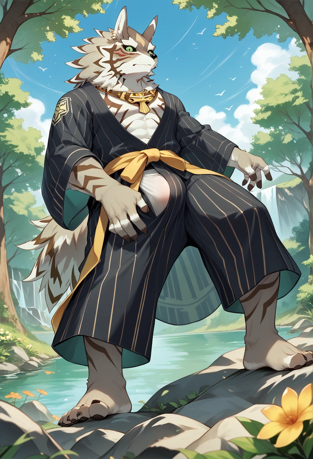 dragon,solo,male,old,elder,senior,east asian clothing,japanese clothing,small eyes,humaniod,humaniod hands,black body,overweight,fat face,chubby body,big,tall,black moobs,black skin,black belly,white hair,short horn,short mouth,white fundoshi,lily pad,smlie,tender,normal fingers