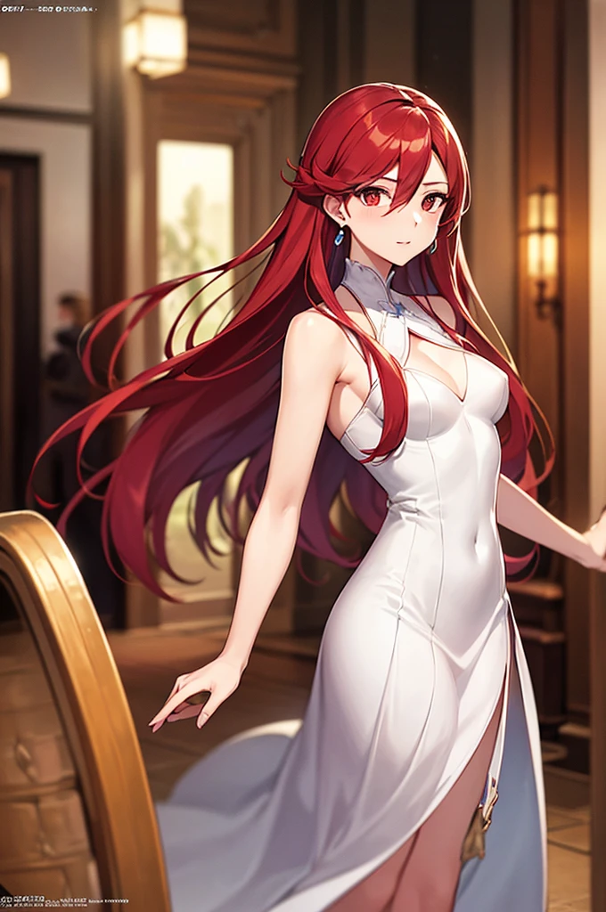 (masterpiece, highest quality, highest quality, official art, Cosmetology and aesthetics: 1.2),A tall, large breasted, long-haired, red-eyed woman wearing a low-cut dress、Front, back and side view、three views、character sheet、no background