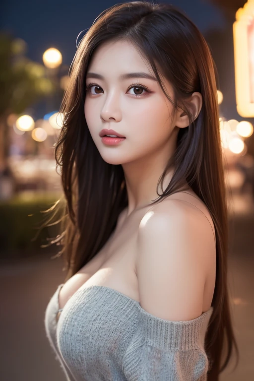 (best quality,8K,masterpiece:1.3),clear focus:1.2,beauty:1.4,abdominal muscles:1.1,chestnut hair,aquadress:1.4,outdoor night:1.1,street,fine facial features and eyes,double eyelids. Add realistic lighting, be careful to adjust the proportions.