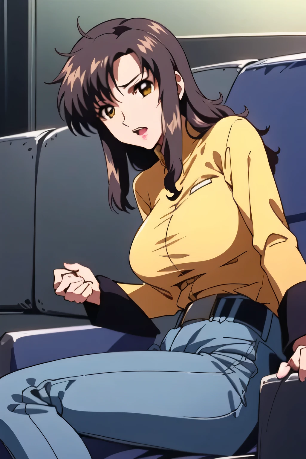 (please draw a more delicate expression),(yellow shirt),(navy blue jeans)(blue panties),The work is 、The horror-themed style 、This alone is amazing but I'm surprised, don't trim my face because I need it for work {X},yellow shirt,navy blue jeansを履いている, lying on the couch , big black wavy hair, , Big Breasts, Thin Waist , , ,An almost 40 year old woman with mature sex appeal,