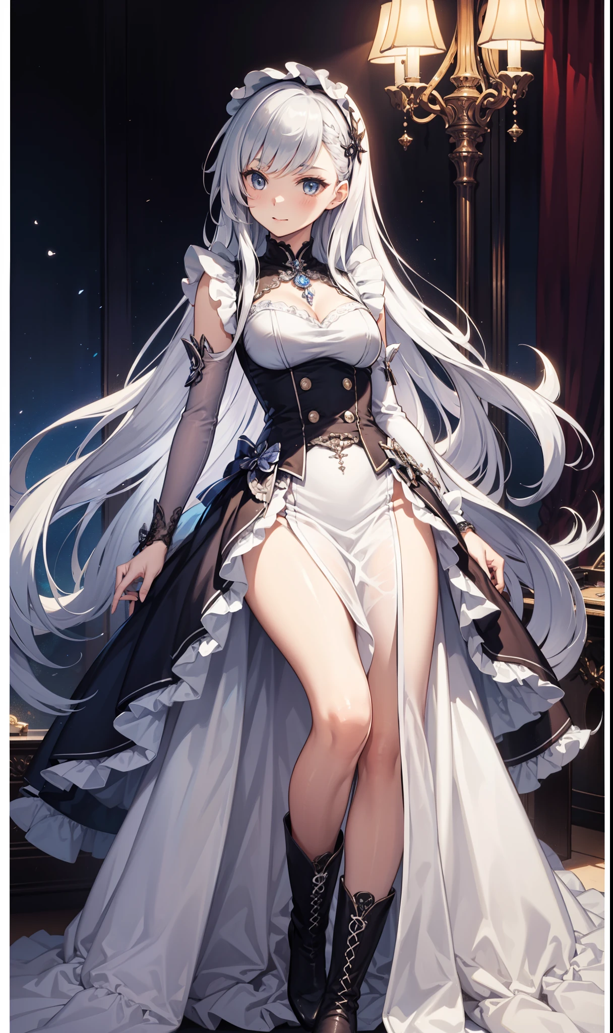 4K,High resolution,one woman,gray hair,long hair,blue eyes,big breasts,knight,white bunny girl clothes,High leg,black tights,White transparent skirt,白色のknightのグローブ,Long sword,medieval castle