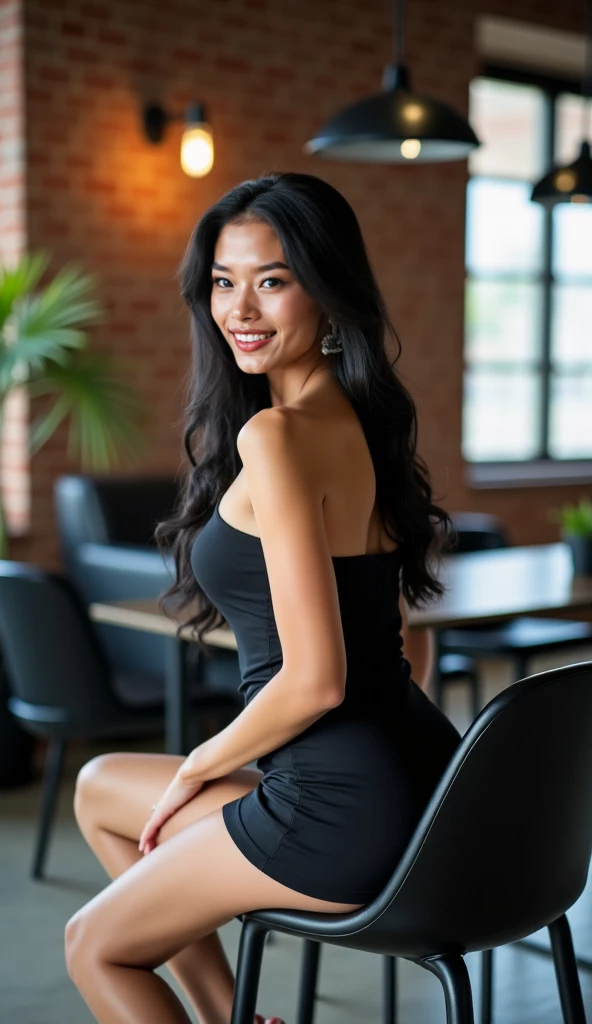 realistic photo, a beautiful 30 year old Indonesian woman, wearing a sexy black t-shirt, sitting in front of the laboratory building holding a light bulb, while smiling seductively, 8k