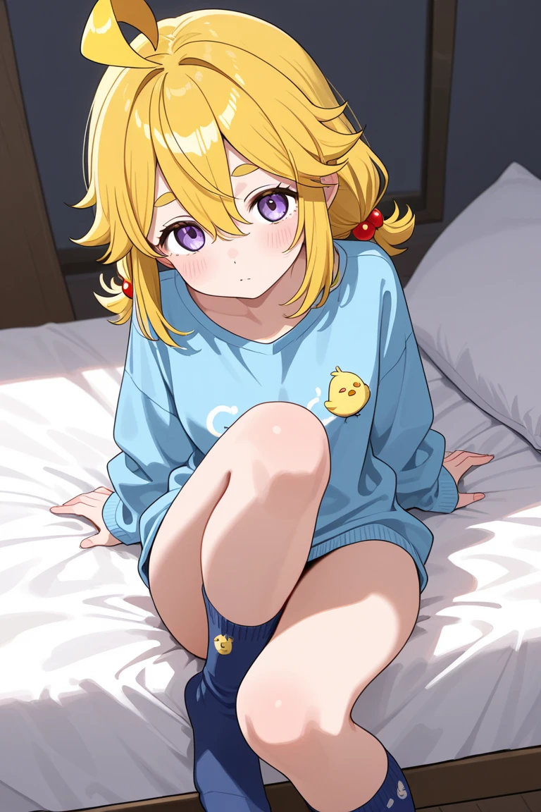 (best quality),1girl,foot focus, full body, looking at viewer, pale skin, blonde hair, short hair, blue eyes, pajamas, feet up, nsfw, seductive smile, clothes lift, footjob, on the couch