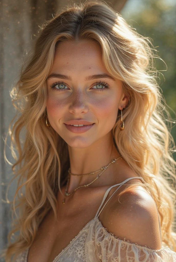 Une jeune femme blonde. realistic image. high resolution. curly hair