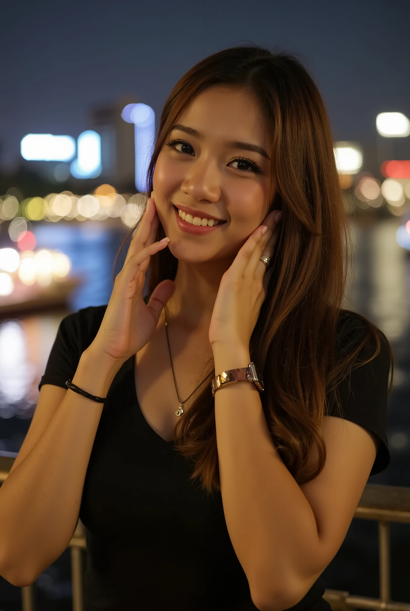 A beautiful indonesian female with long tangled hairstyle,25 years old. indonesian face, highly detailed beautiful face and eyes, attractive face, charming face, Full body, curvy body, white skin, medium breasts, anatomically correct, long straight hair, brown hair. Wearing black white shirt, black skinny jeans, necklace. Background overlooking a beautiful river and city at night, close-up. Standing facing forward, Look at viewer, smile showing teeth, hands holding cheeks. Ultra detailed body, highly detailed appearance, hyper quality image. Bokeh. Hyper resolution. Ultra high realistic image. 16k. Ultra detailed