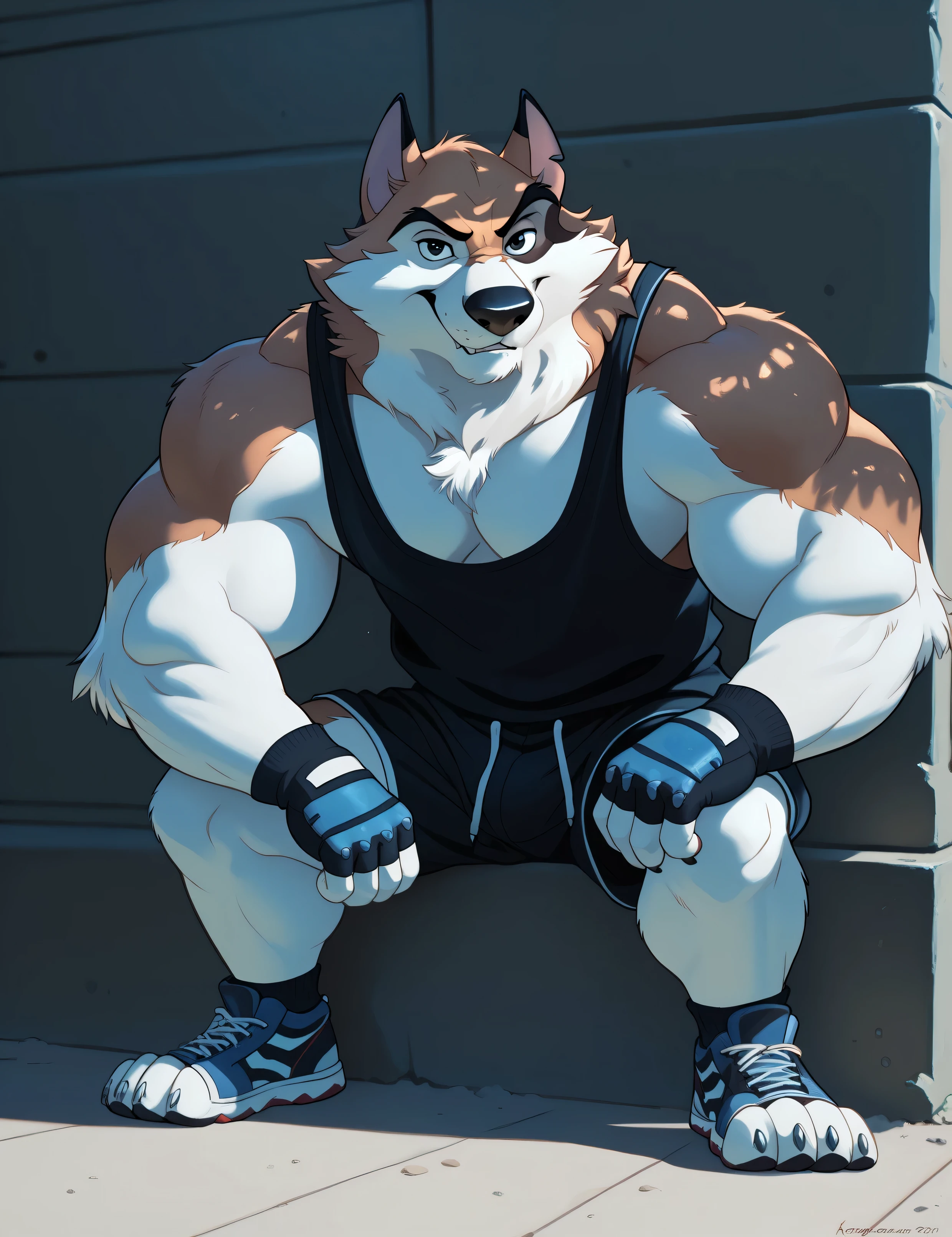 Kaltag pny, alaskan malamute, solo, detailed, detailed face, detailed eyes, anthro body, male, adult, very muscular:1.1, cartoon shading, cel shaded:1.0, flat colors, shirtless, wfa style, negger style, cartoony anatomy, above waist, looking at viewer, arms crossed, countryside background:1.1