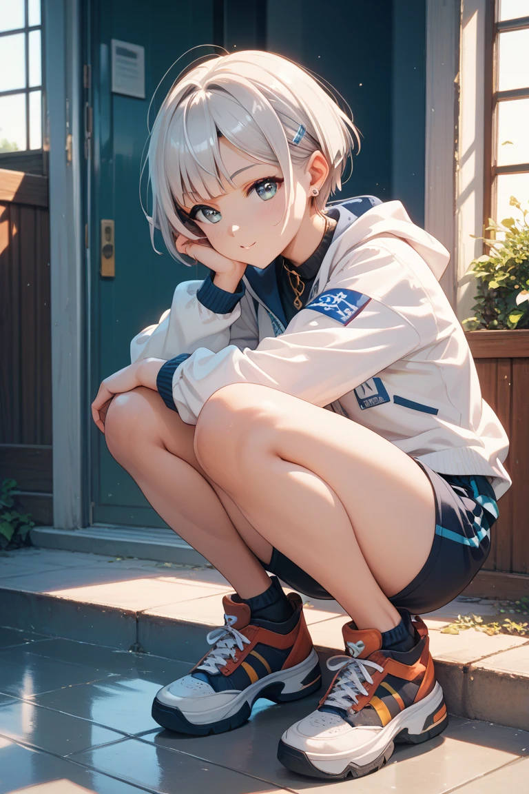 1 Female body,Squat,Fit your body, white short messy hair, sky-blue eyes, White coat with blue pattern,short white dress,ssmile,Athletic Sneakers ,Sateen,Wet ground,Rain on the body,foco nítido,hight resolution, ultrasharp, 8K, masutepiece,