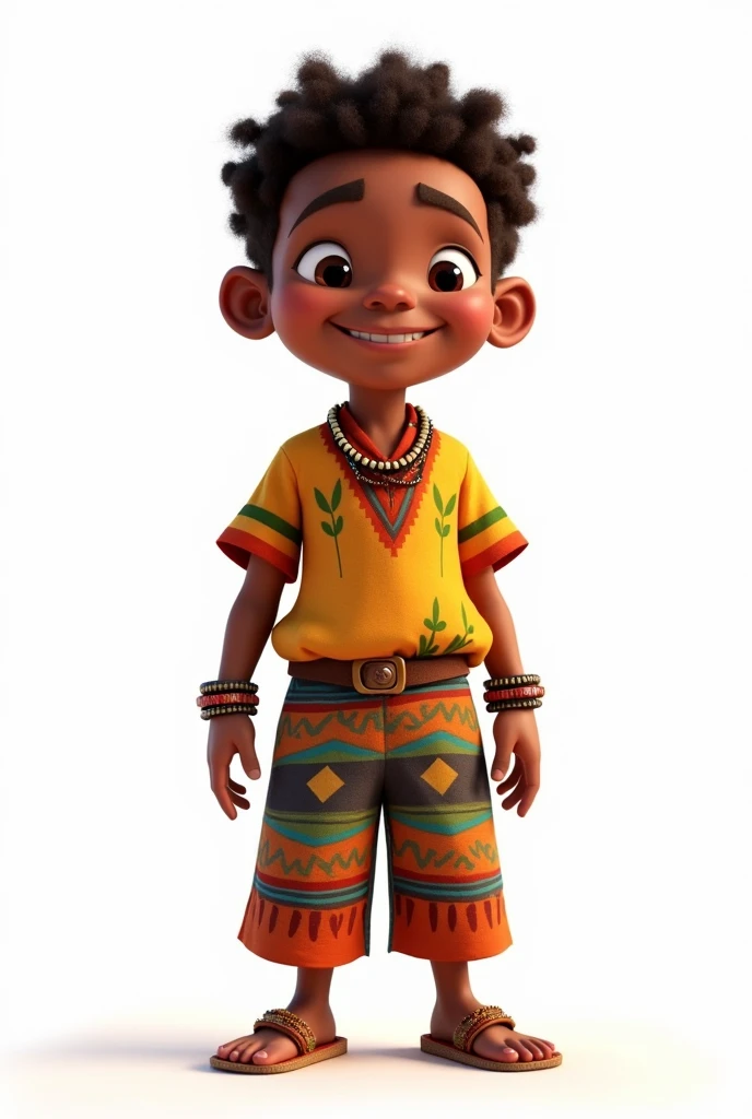 Brazilian child from the Guajajara,, indigenous tribe, menino, de 5 anos de idade, do Brasil, with indigenous ethnic traits, cabelo preto, olhos pretos, alegre, feliz, cute baby, Coffee-colored brown skin, cara pintada verde e amarelo, disney pixar desenho animado 3d