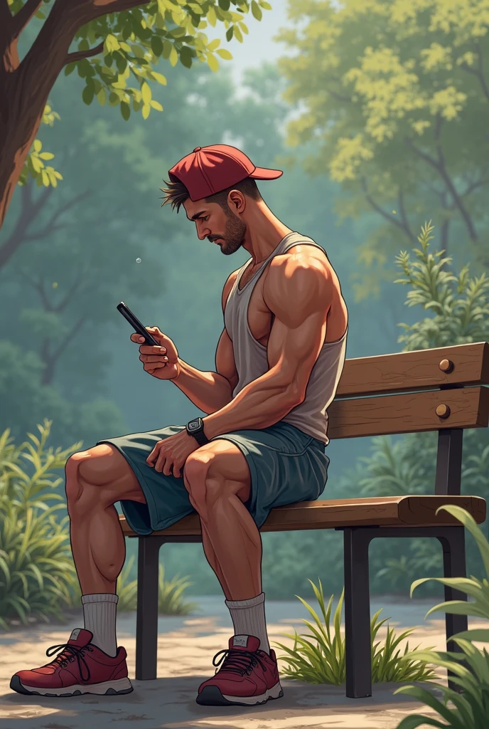 arafed man in a baseball cap looking at his cell phone, at a park, mid-shot of a hunky, at the park, tall and muscular, in the park, fitness model, shirtless, fairly muscular, super buff and cool, sporty physique, athletic tall handsome guys, slender and muscular build, with a park in the background, chiseled