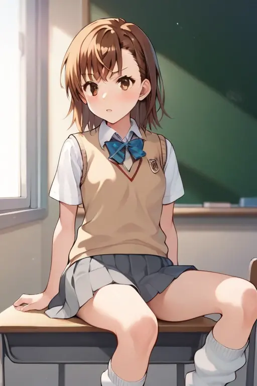 master masterpiece, The Highest Quality, misaka_mikoto, BROWN EYES, watch the viewer, solo, short_hair, closed_mouth, collared_shirt, looking_at_viewer, school_uniform, Camisa, white_shirt, small_breast, Classrooms Misaka Mikoto's skirt beautiful feet Kick