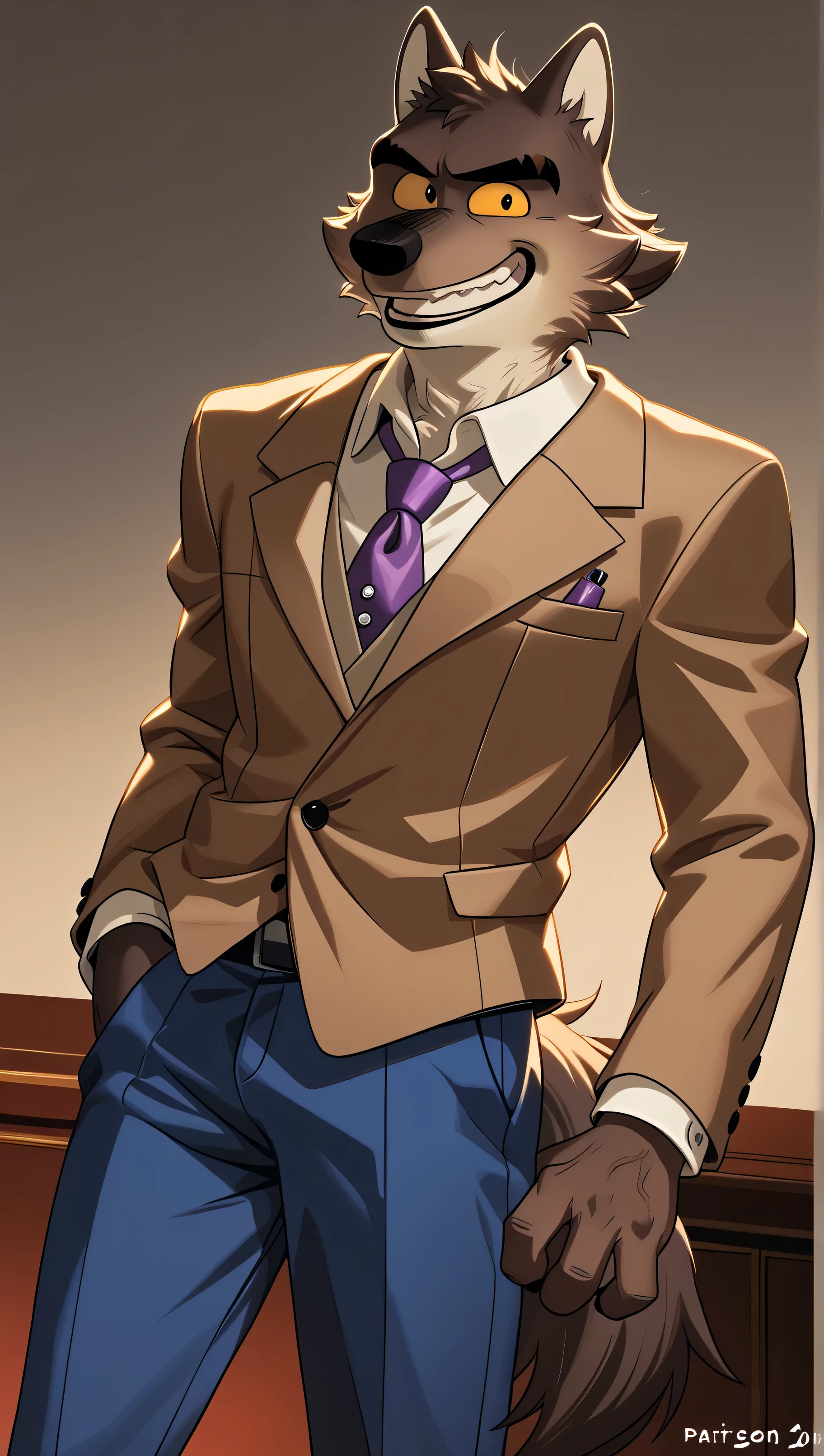 Mr Wolf (The Bad Guys) brown eyes, yellow sclera, solo, detailed, detailed face, black eyes, anthro body, male, adult, muscular, cartoon shading, cel shaded:1.0, flat colors, (no background, white background):1.5, shirtless, wfa style, negger style, cartoony anatomy, above waist, looking at viewer, posing, smile