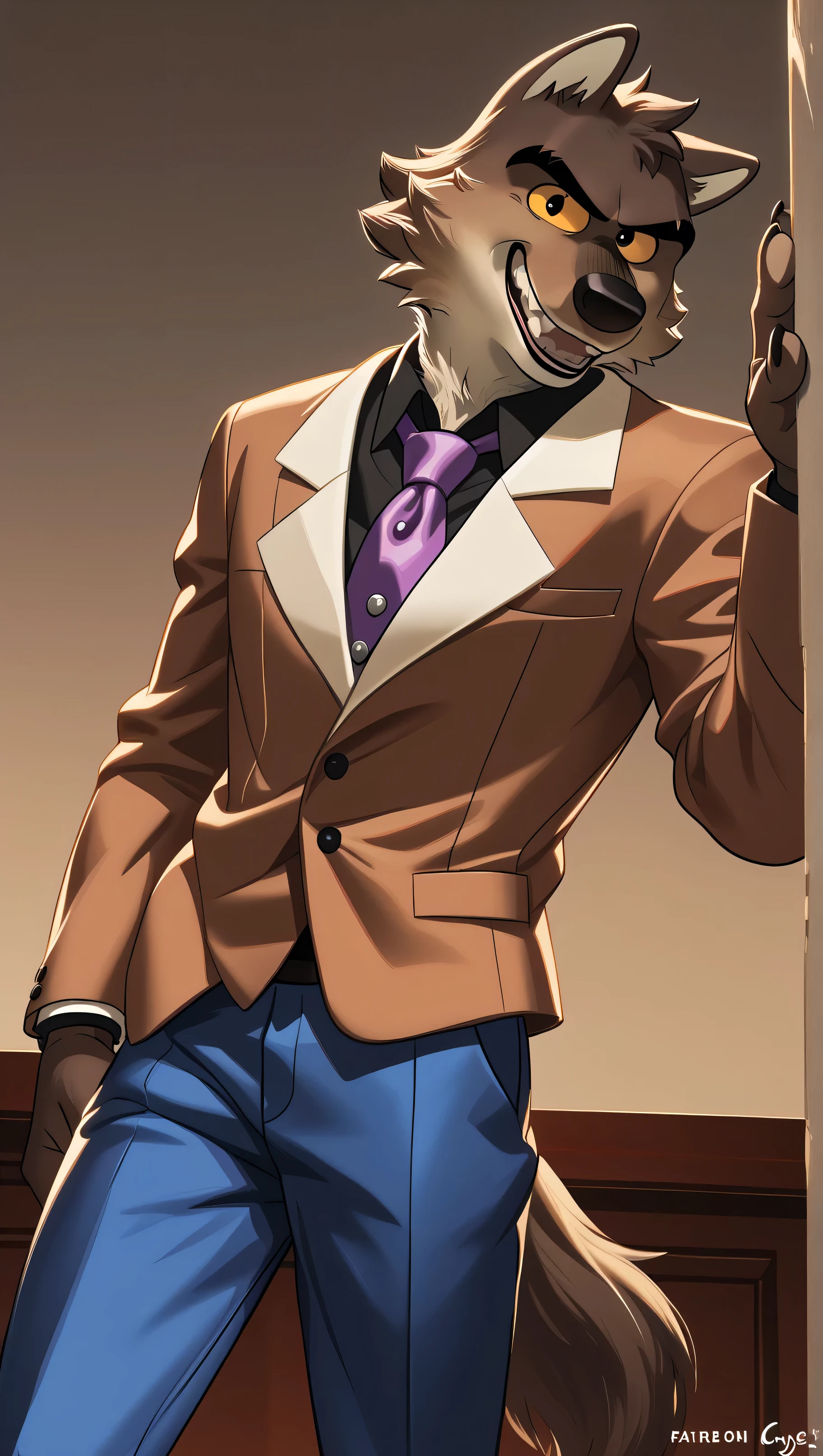 Mr Wolf (The Bad Guys) brown eyes, yellow sclera, solo, detailed, detailed face, black eyes, anthro body, male, adult, muscular, cartoon shading, cel shaded:1.0, flat colors, (no background, white background):1.5, shirtless, wfa style, negger style, cartoony anatomy, above waist, looking at viewer, posing, smile